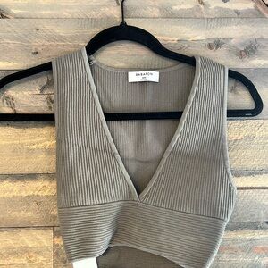 Babaton Olive Green Ribbed V-Neck Crop Top
